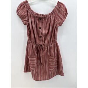 Boho Striped Off Shoulder Mini Dress Terracotta Mauve Button Front‎ Pockets M